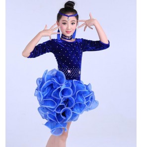 Royal blue black red velvet rhinestones glitter patchwork ruffles skirts girls kids children stage performance competition latin ballroom dance dresses skirts